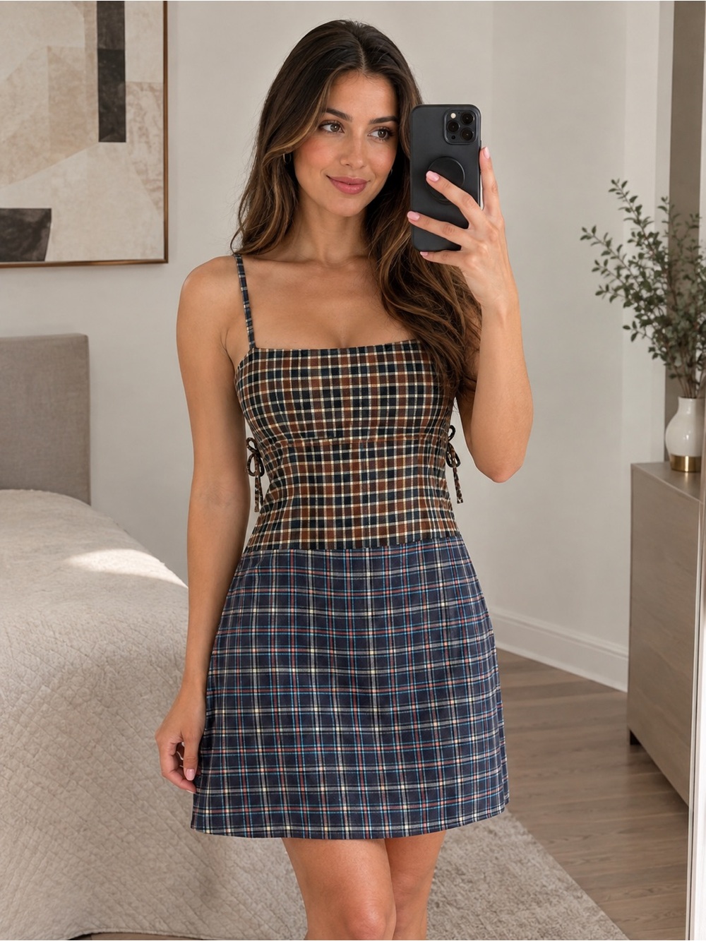 Two-Tone Plaid Mini Skirt Dress in Brown and Blue